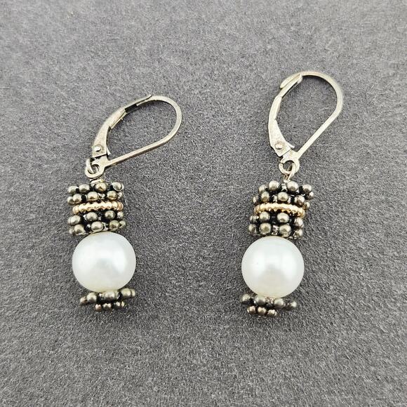 14K Gold P925 Silver Marked Pearl Earrings Dangle Drop Elevated Basic Everyday - Picture 2 of 5